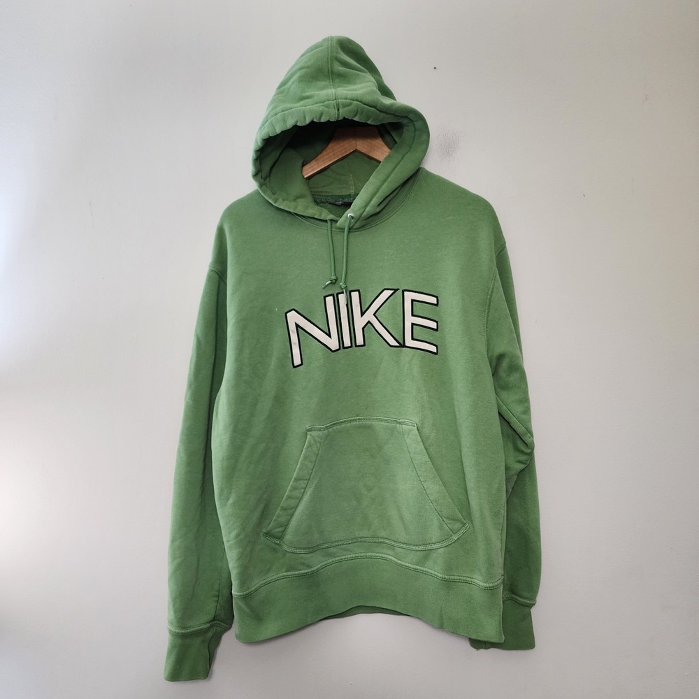 Vintage Y2k Nike Hoodie Mens Medium Green Pullover Silver Tag Spellout Center
